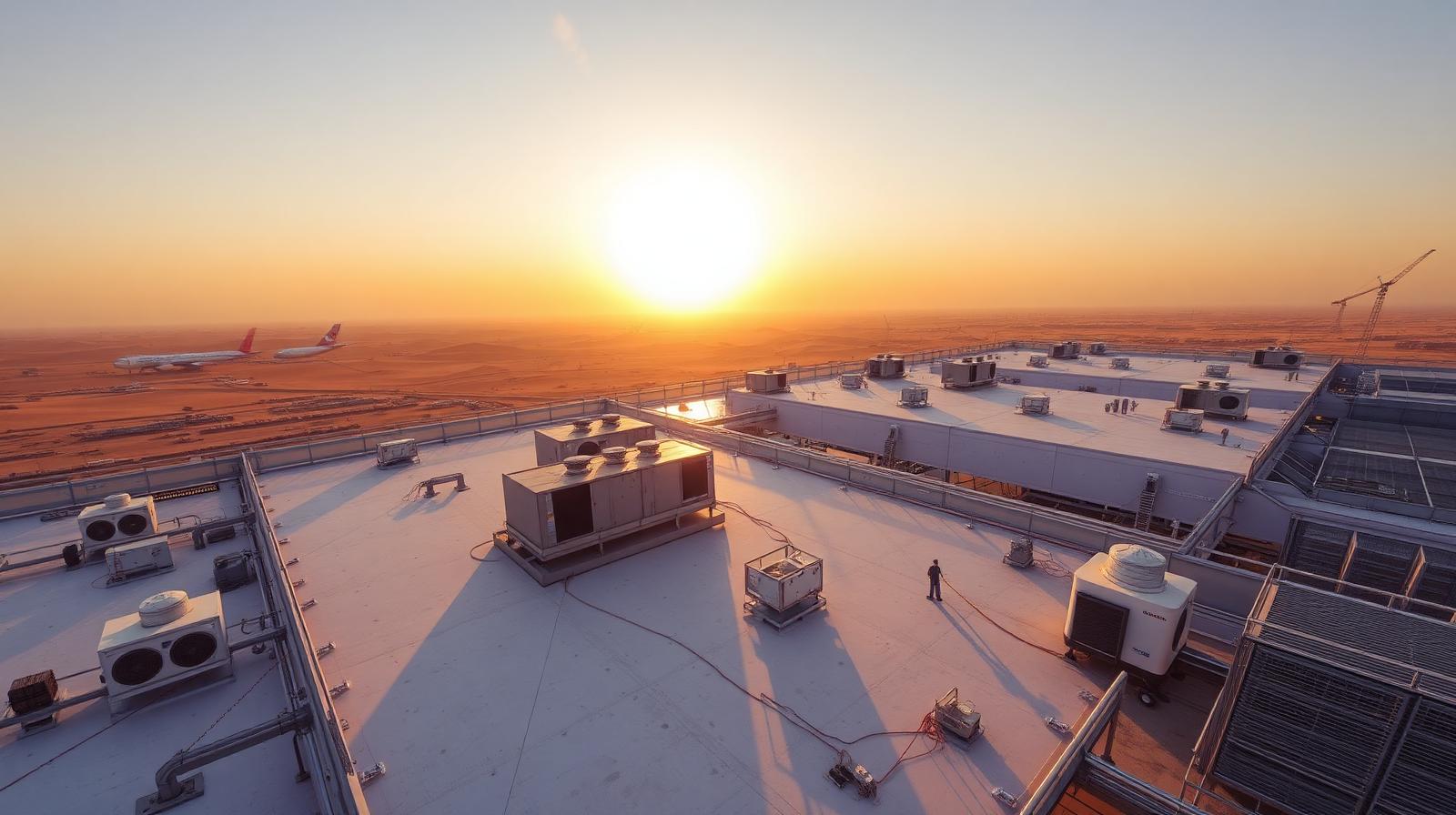 Industrial rooftop in the UAE with reflective surfacing under desert sun